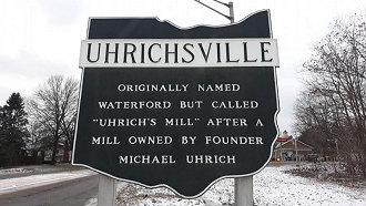History marker for Urichsville. Originally named Waterford but called "Uhrich's Mill" after a mill owned by founder Michael Uhrich